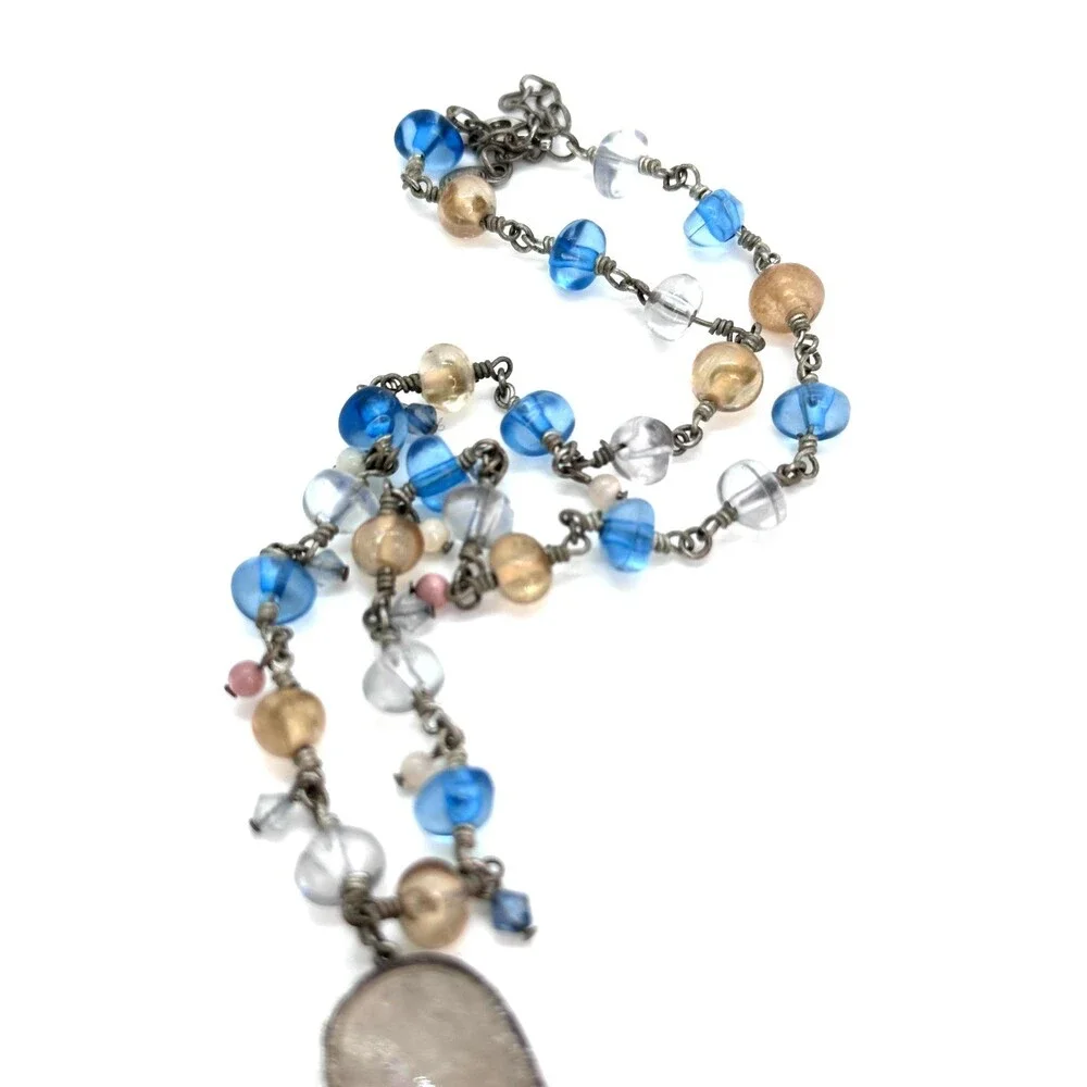 Vintage Monet Quartz Pendant Pastel Beaded Necklace Blue Peach